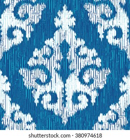 Medieval ikat indigo textile damask pattern seamless vector background tile
 