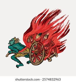 Medieval illustration of a blue demon pulling a fiery chariot with three figures. The demon and fiery chariot create a vivid, mythical scene. Vintage art drawing, isolated vector element.