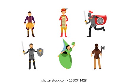 Medieval Illustration Set With Characters Of The Princess, Knights, Herald, Executioner And Court Men Isolated On White Background