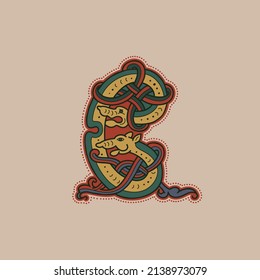 Das mittelalterliche Logo des ersten C-Buchstabens besteht aus gedrehtem Besen und Spiralmuster. Ziertyp für historische Identität, ethnische Ausdrucke, Stammesplakate usw.