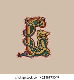 Medieval initial G letter logo made of twisted beast and spiral pattern. Ornamental type for history identity, ethnic prints, tribal posters, etc.