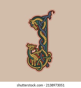 Medieval initial J letter logo made of twisted beast and spiral pattern. Ornamental type for history identity, ethnic prints, tribal posters, etc.