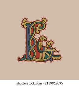 Medieval initial L letter logo made of twisted bird and spiral pattern. Ornamental type for history identity, ethnic prints, tribal posters, etc.