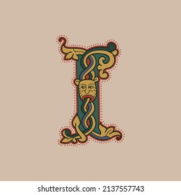 Medieval initial I letter logo made of twisted lion and spiral pattern. Ornamental type for history identity, ethnic prints, tribal posters, etc.