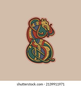 Medieval initial S letter logo made of twisted beast and spiral pattern. Ornamental type for history identity, ethnic prints, tribal posters, etc.