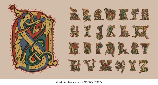 Medieval initials alphabet made of twisted beast, lions, birds and spiral pattern. Ornamental type for history identity, ethnic prints, tribal posters, etc.