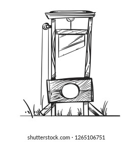 Medieval instrument of death wooden guillotine with a sharp steel knife. Black and white vector drawing.