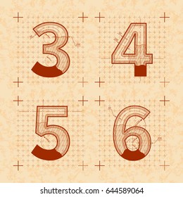 Medieval inventor sketches of 3 4 5 6 letters. Retro style font on old yellow textured paper