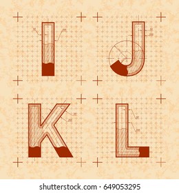 Medieval inventor sketches of I J K L letters. Retro style font on old yellow textured paper