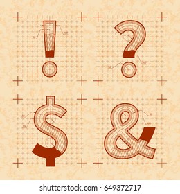 Medieval inventor sketches of special chars letters. Retro style font on old yellow textured paper