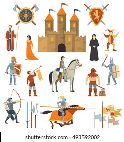 Medieval Isolated Decorative Icons Set Of Knightly Castle Crusader Flags Emblems Knights On Horseback With Ancient Weapon Flat Vector Illustration 