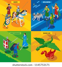 Medieval isometric 2x2 design concept with human characters of cold warriors princess dragons and editable text vector illustration