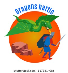 Medieval isometric background with view of straight fight between dragon and human characters with editable text vector illustration