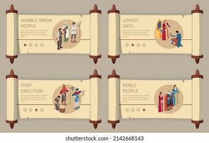 Medieval isometric banners set with noble people isometric isolated vector illustration