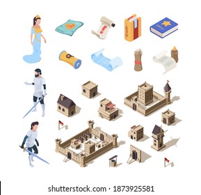 Medieval isometric buildings. Fairytale symbols warrior knights fortress spellbooks garish vector fantasy collection