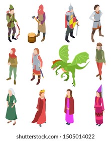 Medieval isometric characters. Knight dragon man royal ancient priest king warrior queen isolated 3d vector set