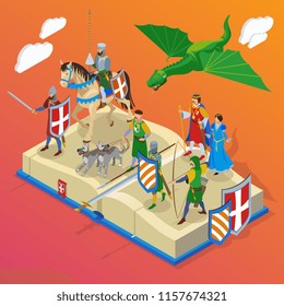 Medieval isometric composition with small people characters of cold warrior knights and dragons with big book vector illustration