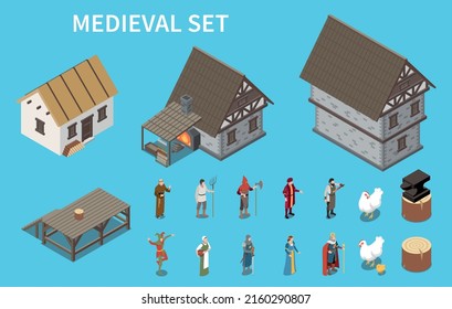 Medieval isometric set with princess and knight isometric isolated vector illustration