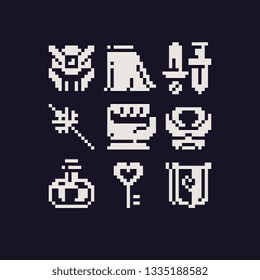 Medieval items 1-bit pixel art icons set. Knight accessories, helmet, glove, armor, swords, coat of arms, shield and key. Design for sticker, logo, web, app, badges and patches. Isolated vector.