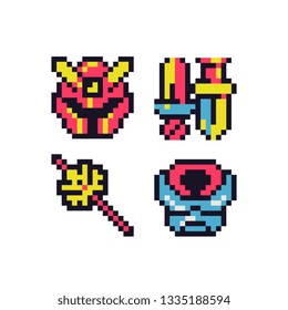 Medieval items 8-bit pixel art icons set, sticker. Knight accessories, helmet, armor, swords and scepter. Design for logo game, web, app, badges and patches. Isolated vector.