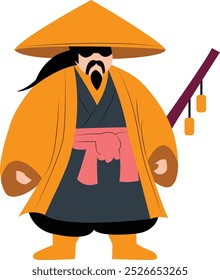 medieval Japanese farmer wearing straw raincoat cartoon