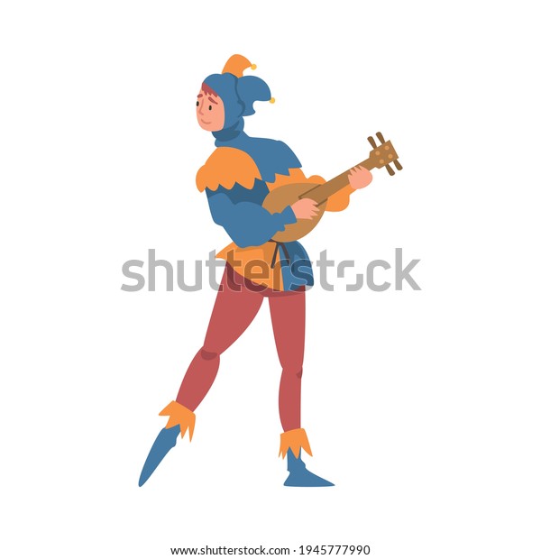 Medieval Jester Character in Bright Clownish Clothing and Bell Hat Playing Lute Vector Illustration