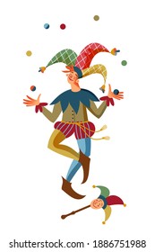 Medieval Jester Character. Funny Man With Mask Juggling Balls In Middle Ages Vector Illustration. Young Happy Smiling Boy Isolated On White Background. Historical Entertainment.