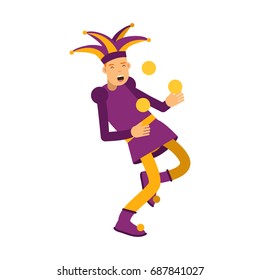Medieval jester character juggling with balls, colorful vector Illustration