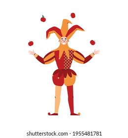 Medieval Jester in costume juggles apples, flat vector illustration isolated.