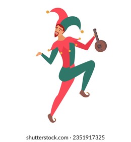 Medieval jester dancing. Amusement person in middle ages cartoon vector illustration