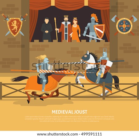 Medieval joust vector illustration with knights in armor on horseback and audience of royal blood in lodge flat vector illustration