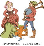 Medieval juggler and pretty girl. Engraved style. Vector illustration