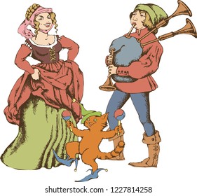 Medieval juggler and pretty girl. Engraved style. Vector illustration