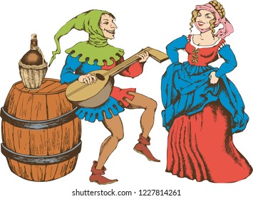 Medieval juggler and pretty girl. Engraved style. Vector illustration