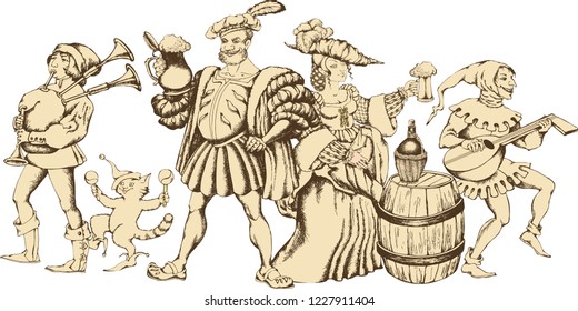 Medieval jugglers, cavalier and pretty girl with beer mugs. Engraved style. Vector illustration