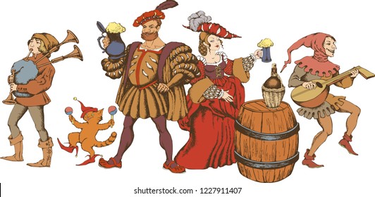 Medieval jugglers, cavalier and pretty girl with beer mugs. Engraved style. Vector illustration