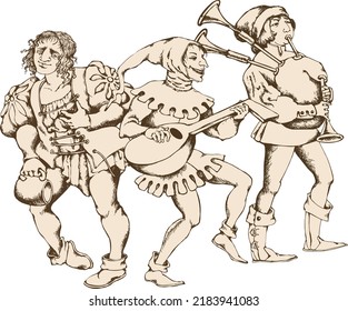 Medieval jugglers and cheerful drunk man holds a mug of beer.