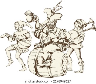 Medieval jugglers and cheerful fat man sits astride barrel and holds a mug of beer and a skewer with fried chicken and sausages