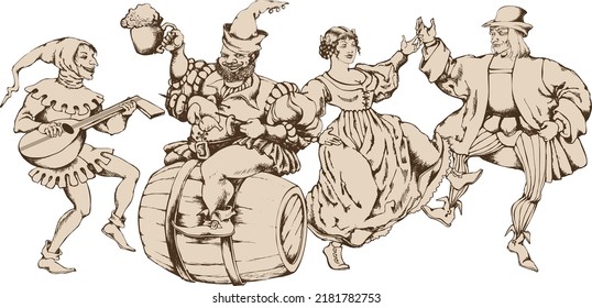 Medieval jugglers and cheerful fat man sits astride barrel and holds a mug of beer and a skewer with fried chicken and sausages.