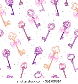 Medieval keys with pink bows seamless vector pattern. Speckled backdrop. 
