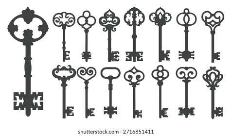Siluetas de llaves medievales. Conjunto de Formas vintage de llave negra. Ilustración vectorial de Elementos de símbolo de puerta de cerradura abierta
