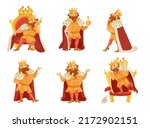 Medieval king cartoon character flat vector illustrations set. Funny, happy, angry fat man in royal costume standing, sitting on chair on white background. Royalty, nobility, fantasy, history concept