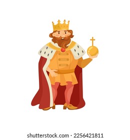 Medieval king cartoon character holding golden orb illustration. Funny fat man in royal costume standing on white background. Royalty, nobility, fantasy, history concept