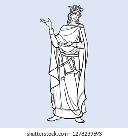 Medieval king with a characteristic gothic slouching posture. Medieval gothic style concept art. Design element. Black a nd white drawing isolated on grey background. EPS10 vector illustration