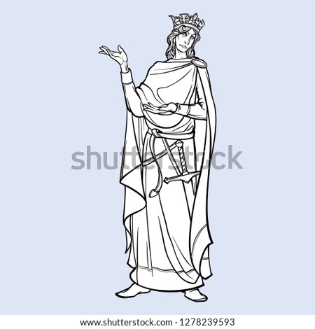 Medieval king with a characteristic gothic slouching posture. Medieval gothic style concept art. Design element. Black a nd white drawing isolated on grey background. EPS10 vector illustration