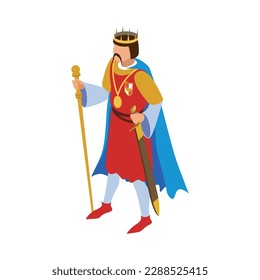 Medieval king isometric character with sword and crown 3d vector illustration