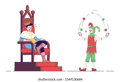 Medieval king and jester flat vector illustration. Royalty and harlequin isolated cartoon characters with outline elements on white background. Sovereign and fool. Middle Age personages