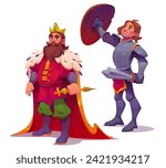 Medieval king and knight characters isolated on white background. Vector cartoon illustration of bearded kingdom ruler with golden crown and sceptre, brave warrior in body armor with sword and shield