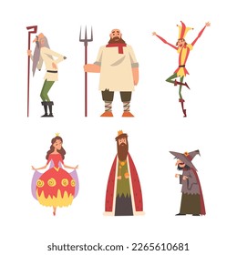 Medieval King in Mantle, Princess, Old Peasant Man with Cane, Jester and Witch Vector Set