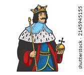 medieval king monarch with crown color sketch engraving vector illustration. T-shirt apparel print design. Scratch board imitation. Black and white hand drawn image.
